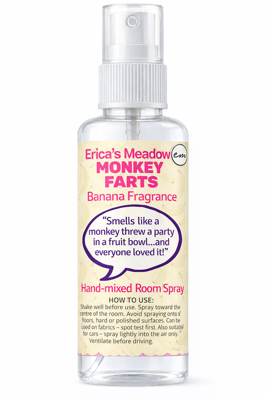 Monkey Farts room spray banana fragrance handmade in the UK by Erica’s Meadow strong long lasting home fragrance
