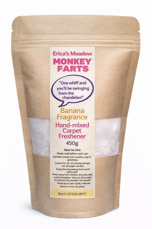 Monkey Farts carpet freshener banana fragrance handmade in the UK by Erica’s Meadow strong long lasting home fragrance