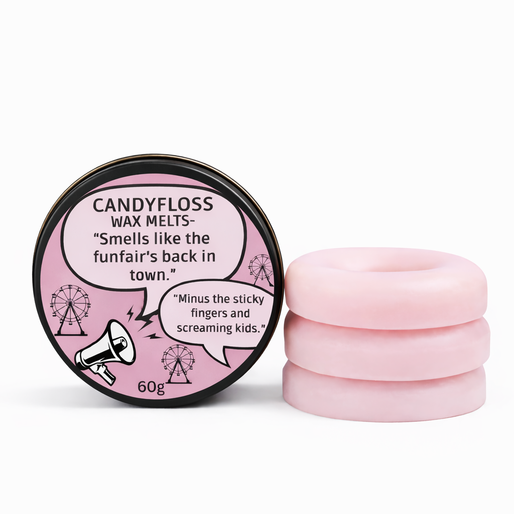 Candyfloss wax melts handmade in the UK by Erica’s Meadow strong sweet long lasting home fragrance