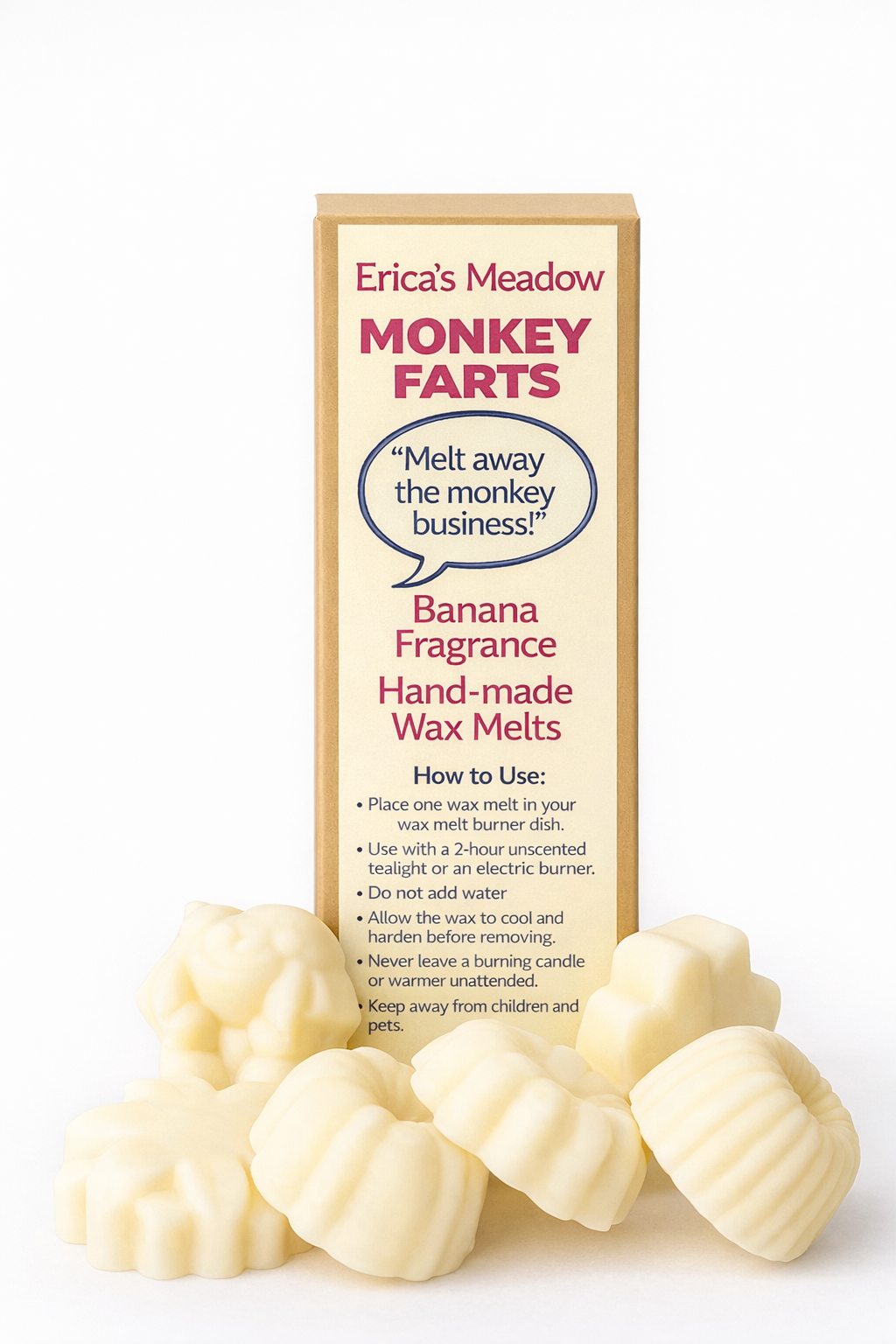 Monkey Farts wax melts banana fragrance handmade in the UK by Erica’s Meadow strong long lasting home fragrance